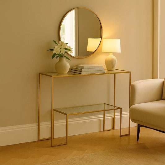 Clear Glass Top and Gold Finish Frame Console Table, Avento