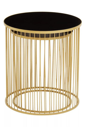 Set of 2 Black Glass Top and Gold Finish Base Side Tables, Avento