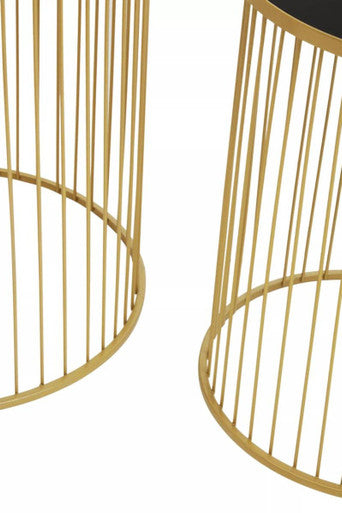 Set of 2 Black Glass Top and Gold Finish Base Side Tables, Avento