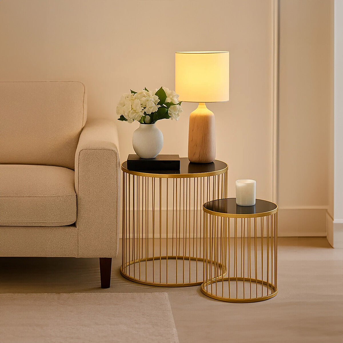 Set of 2 Black Glass Top and Gold Finish Base Side Tables, Avento