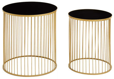 Set of 2 Black Glass Top and Gold Finish Base Side Tables, Avento