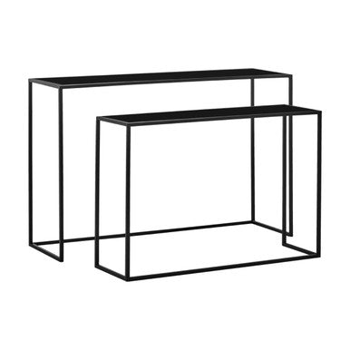Set of 2 Black Glass Top and Metal Frame Console Tables, Avento