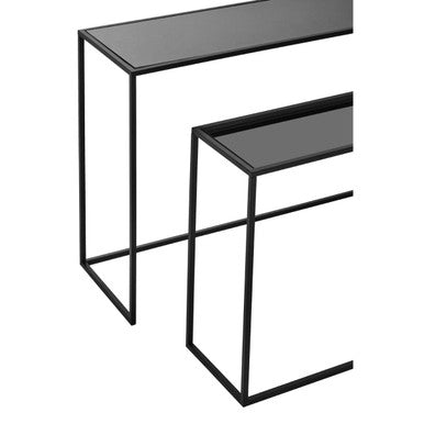 Set of 2 Black Glass Top and Metal Frame Console Tables, Avento