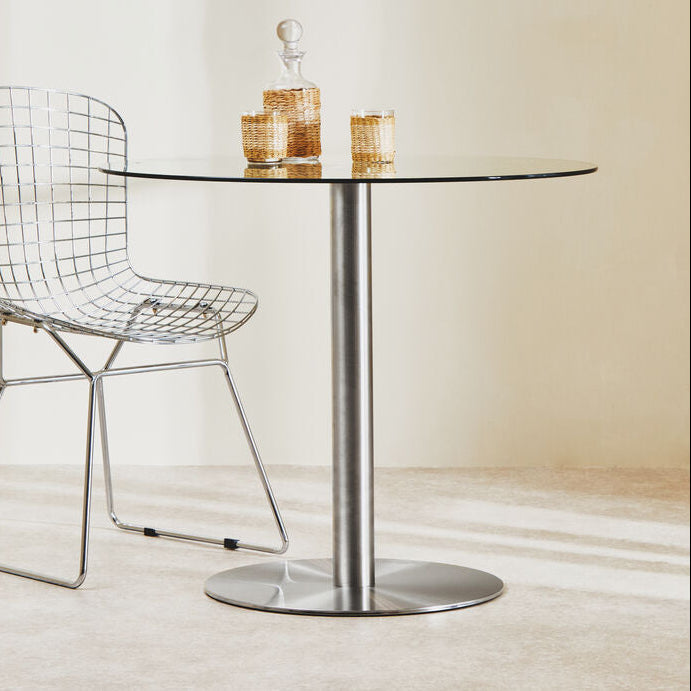Clear Glass Round Dining Table with Silver Finish Metal Base, Metropolitan