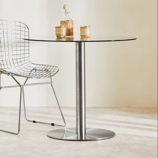 Clear Glass Round Dining Table with Silver Finish Metal Base, Metropolitan