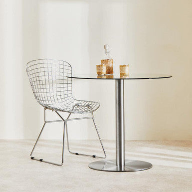 Clear Glass Round Dining Table with Silver Finish Metal Base, Metropolitan