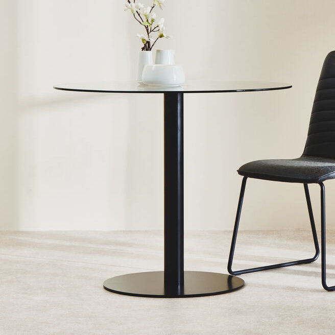 Matt Black Steel and Glass Top Round Dining Table, Metropolitan