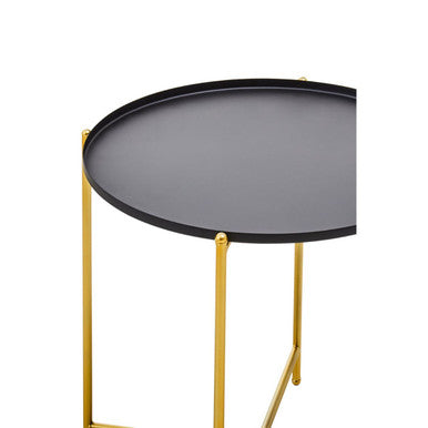 Black Tray Top Round Side Table with Gold Finish Iron Stand, Trosa