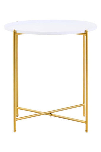 White Tray Top Round Side Table with Gold Finish Criss Cross Base, Trosa