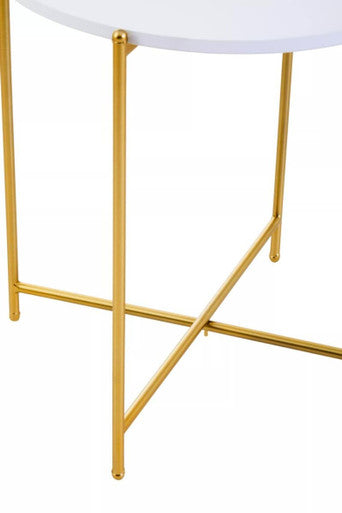 White Tray Top Round Side Table with Gold Finish Criss Cross Base, Trosa