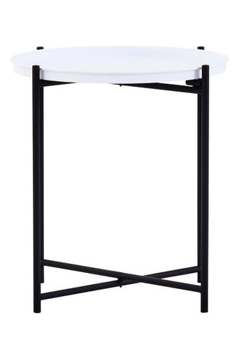 Round White Top Side Table with Black Iron Lattice Base, Trosa