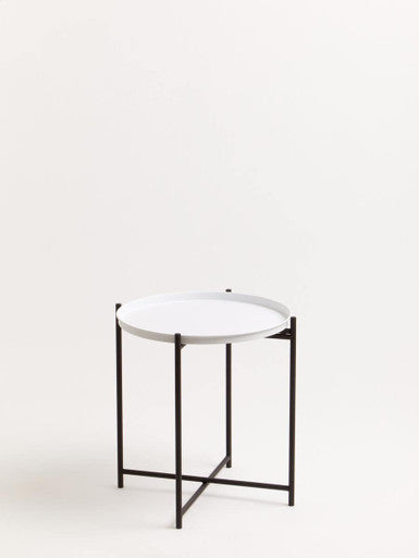 Round White Top Side Table with Black Iron Lattice Base, Trosa