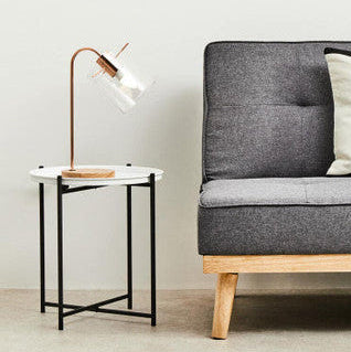 Round White Top Side Table with Black Iron Lattice Base, Trosa