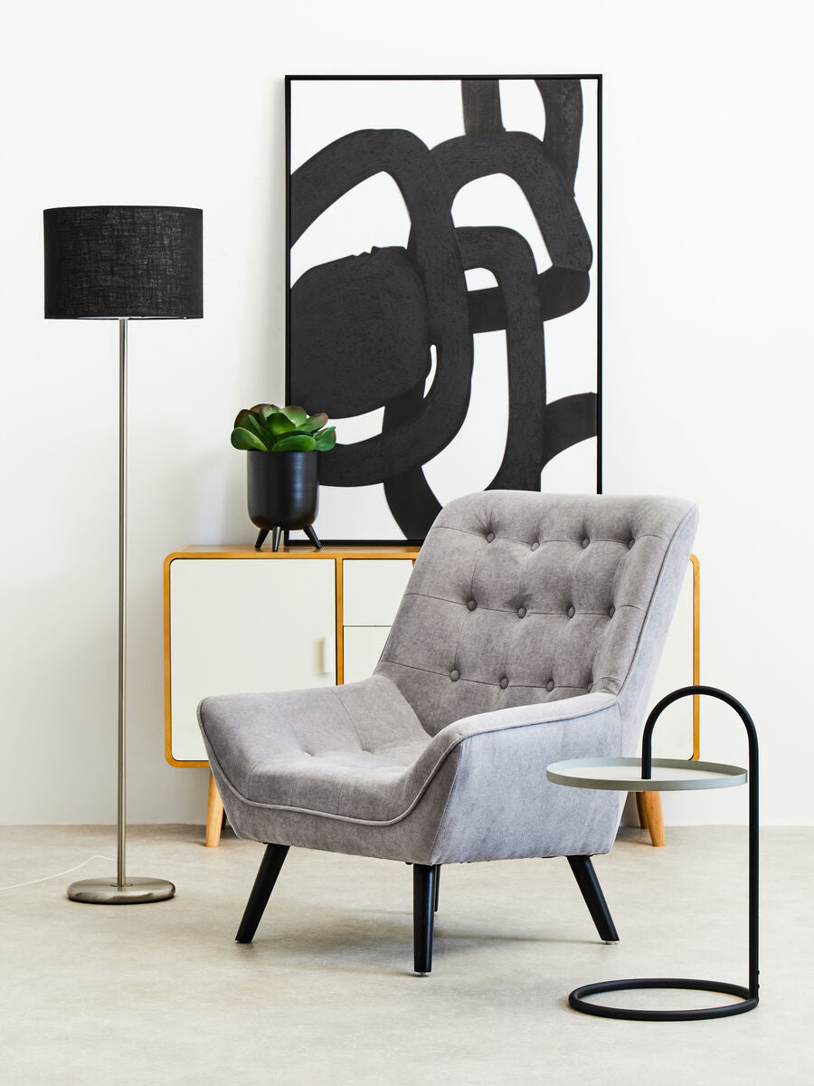 Grey Round Top Side Table with Black Finish Iron Hanging Frame, Trosa