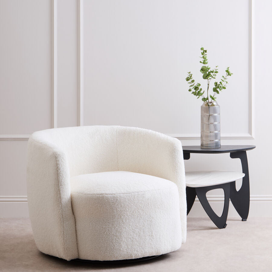 Montreal Ivory Boucle Effect Curved Lounge Chair With Swivel Base