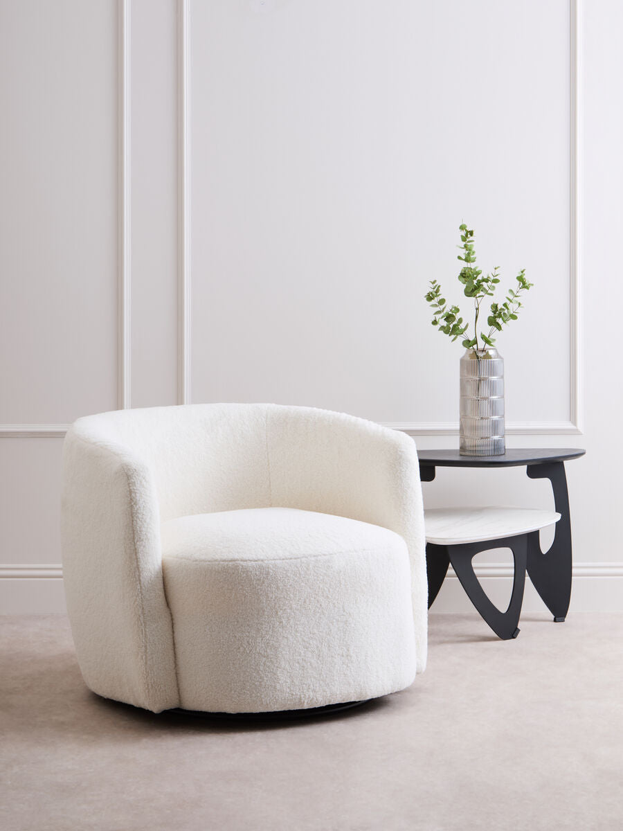 Montreal Ivory Boucle Effect Curved Lounge Chair With Swivel Base