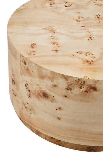 Natural Burl Wood Round Coffee Table with Drum Shape Design, Mota