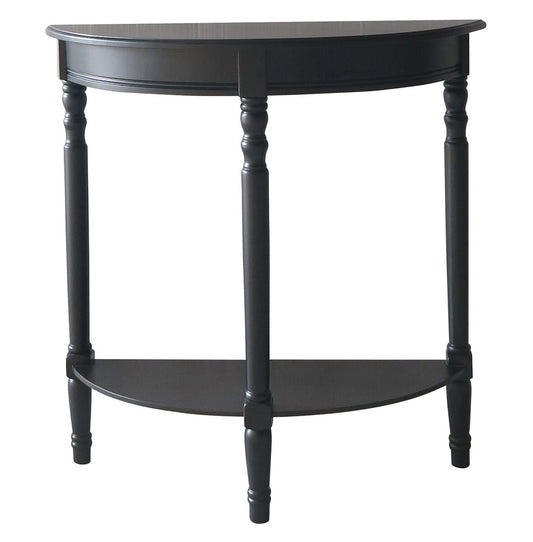 Black Pine Wood Half Moon Console Table with Carved Spindle Legs and 1 Lower Storage Shelf, Heritage