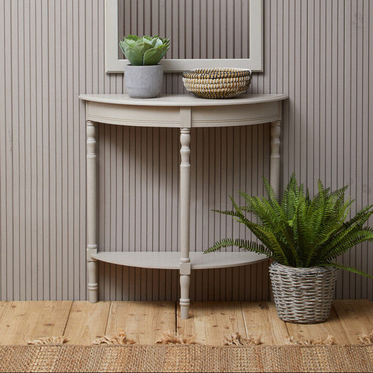 Grey Half Moon Pine Wood Console Table with 1 Lower Storage Shelf, Heritage
