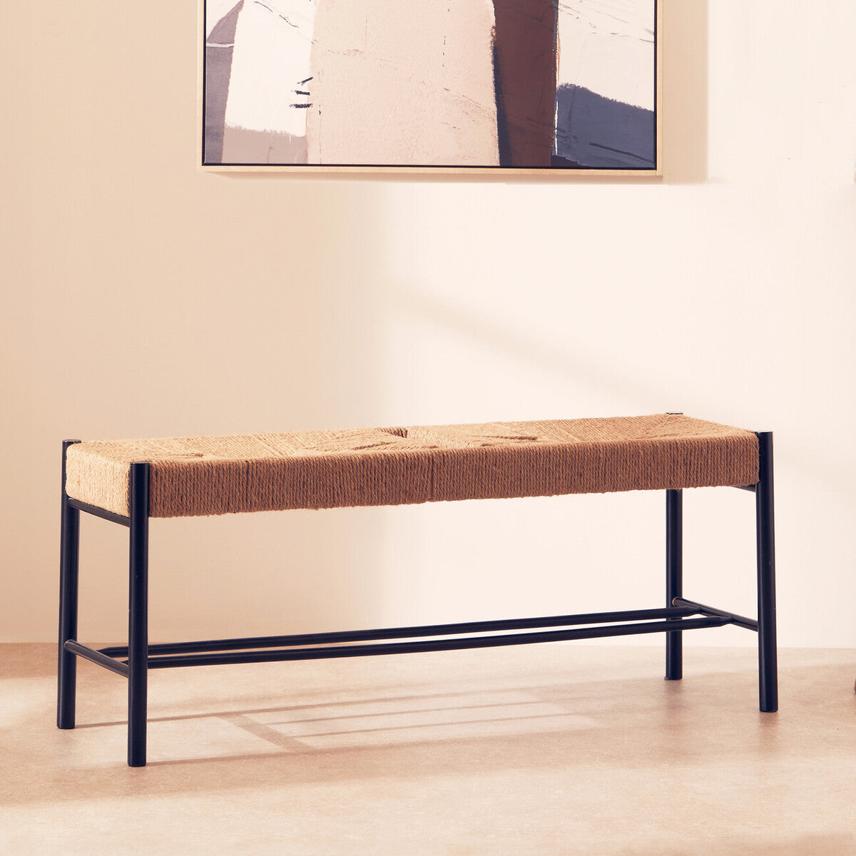 Bandar Natural Rope Woven Large Bench with Black Wooden Legs