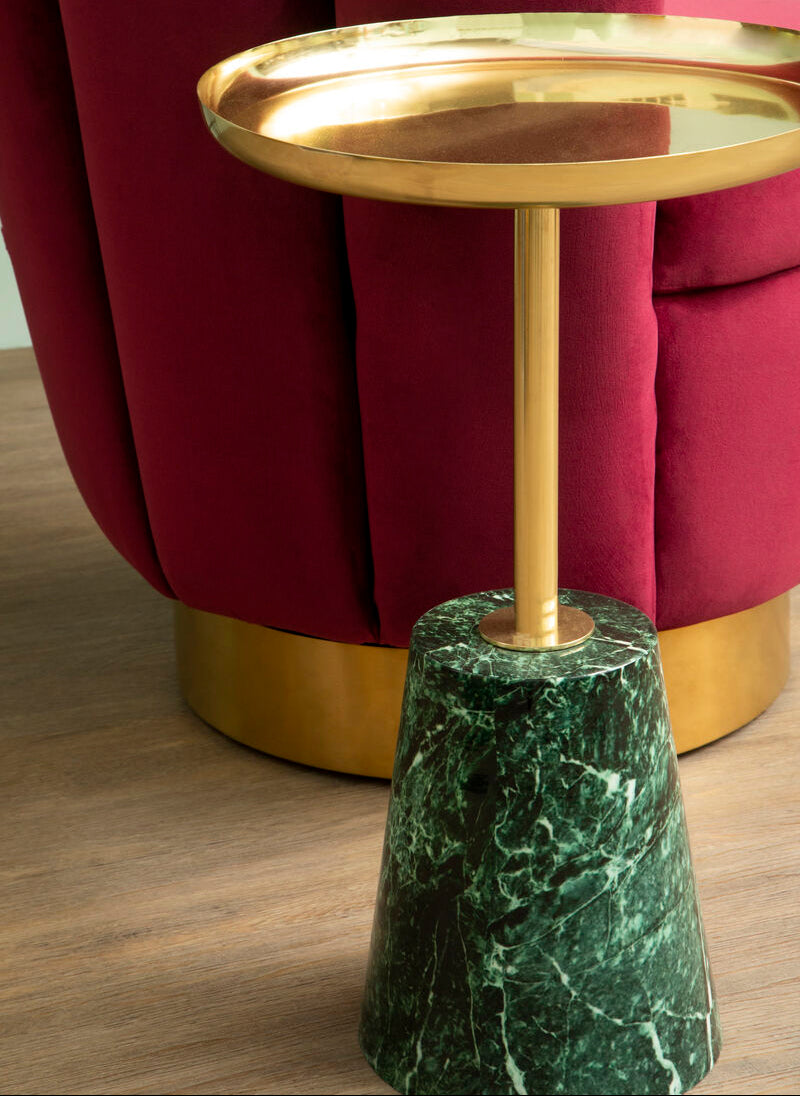 Gold Metal Top Side Table with Green Marble Effect Base, Avola