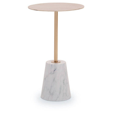 Brushed Gold Metal Top Side Table with White Marble Effect Base, Avola