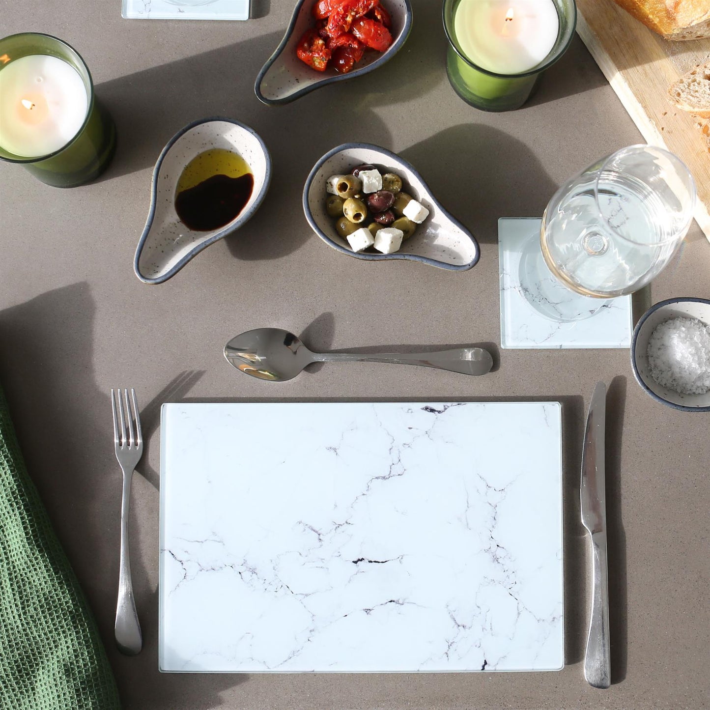 12pc Rectangle Glass Placemats & Square Coasters Set - 30cm x 20cm - Marble