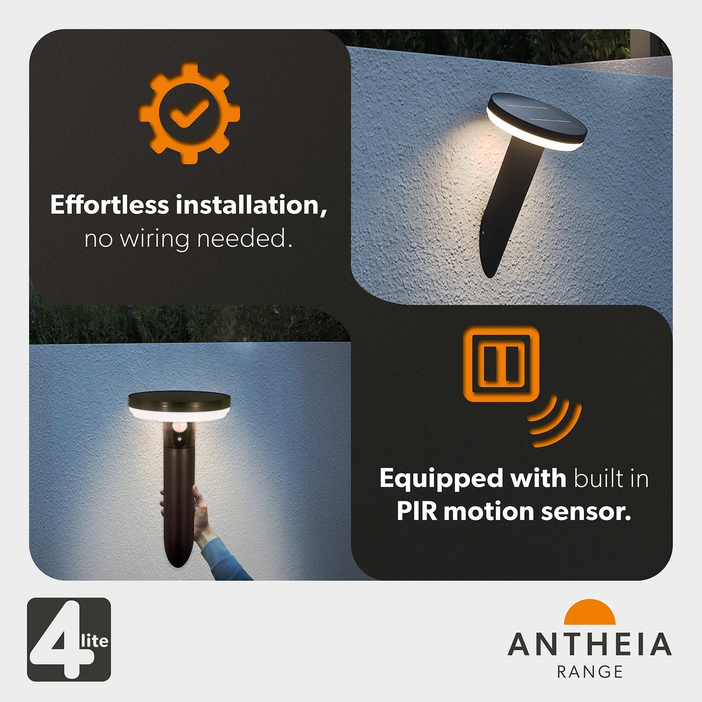 4lite Antheia Solar IP54 Die-Cast Aluminium LED Outdoor Wall Light with Built in PIR Motion Sensor
