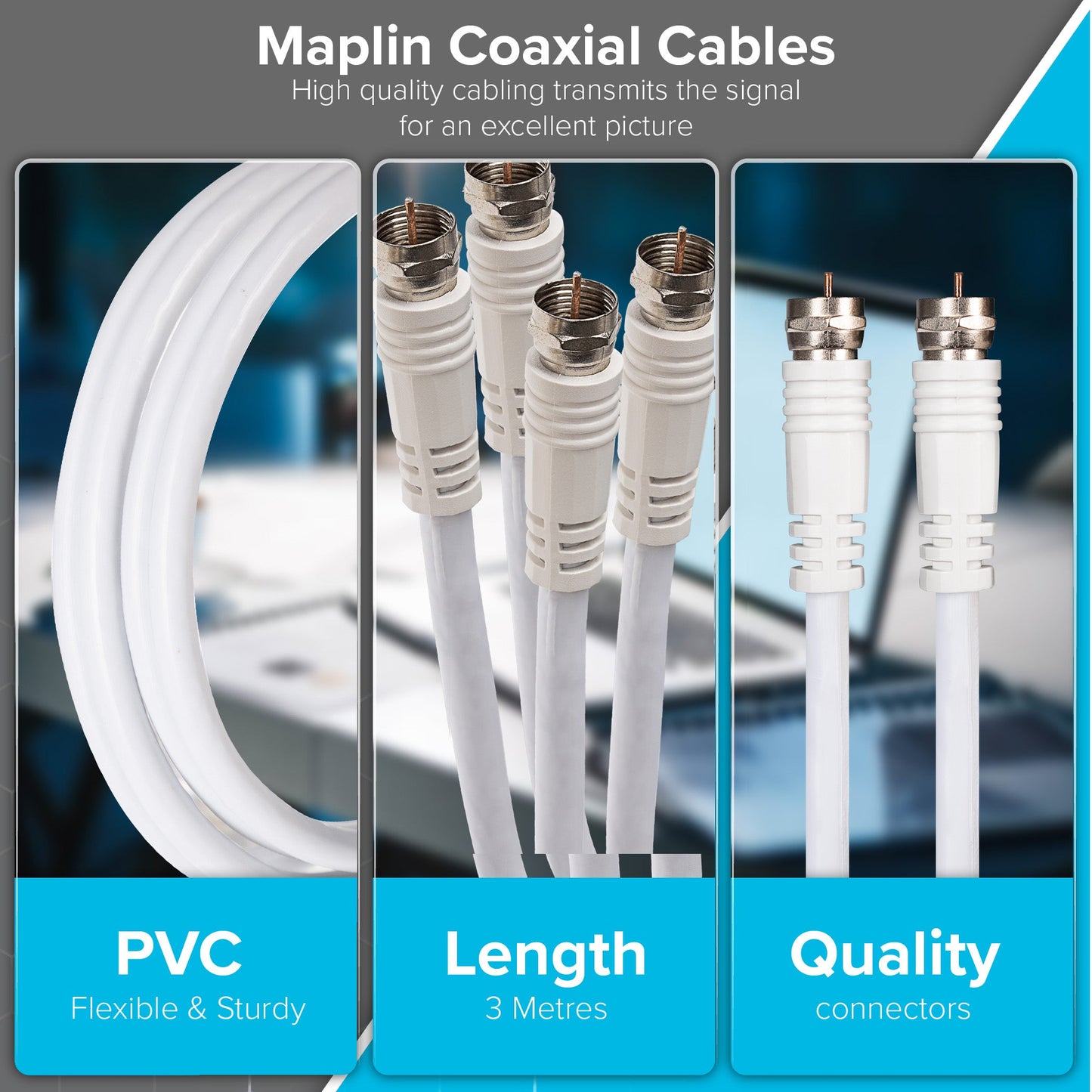 Maplin Twin F Type Male to Twin F Type Male Connector TV Satellite Aerial Extension Cable - White, 3m
