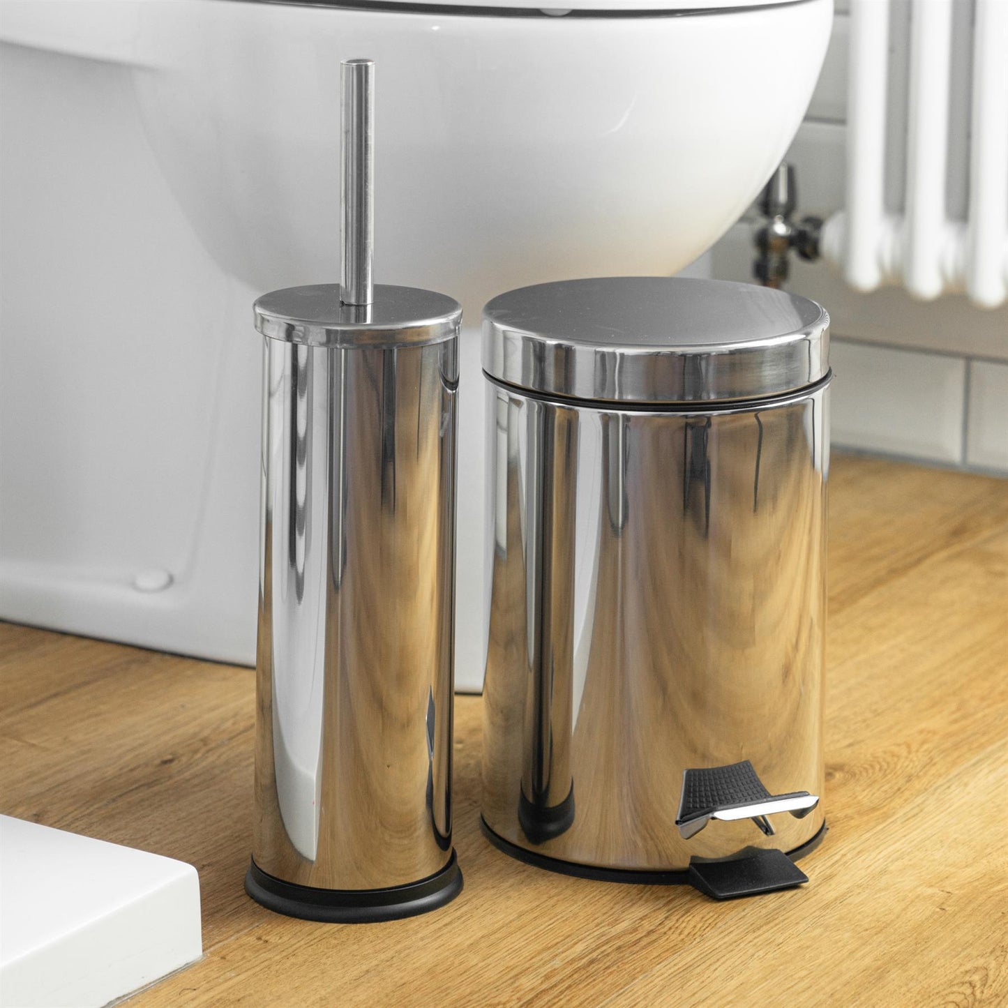 Chrome Round Stainless Steel Toilet Brush & Bin Set
