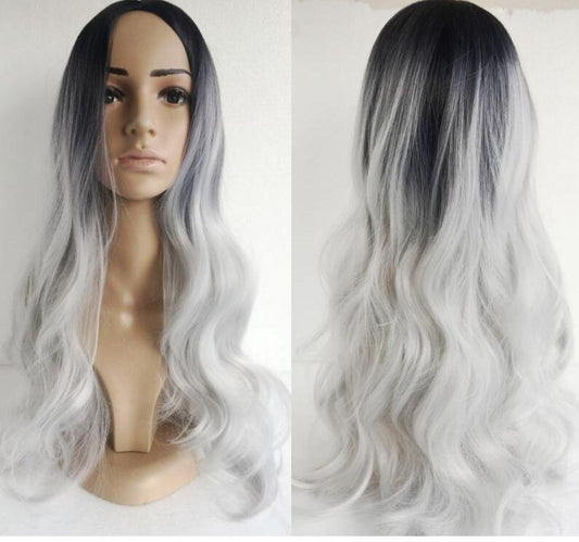 Black silver gray mid-point long curly hair cos fake