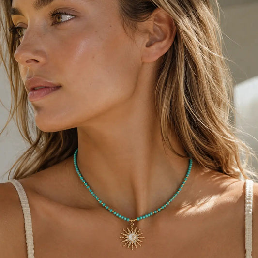 Riri Turquoise Beaded Boho Sun And Moon Pendant Necklace