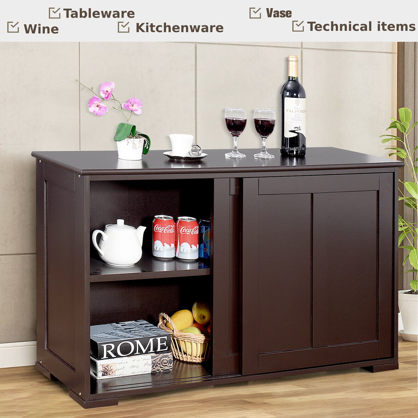 Storage Sideboard with Sliding Door and Double Partition-Black