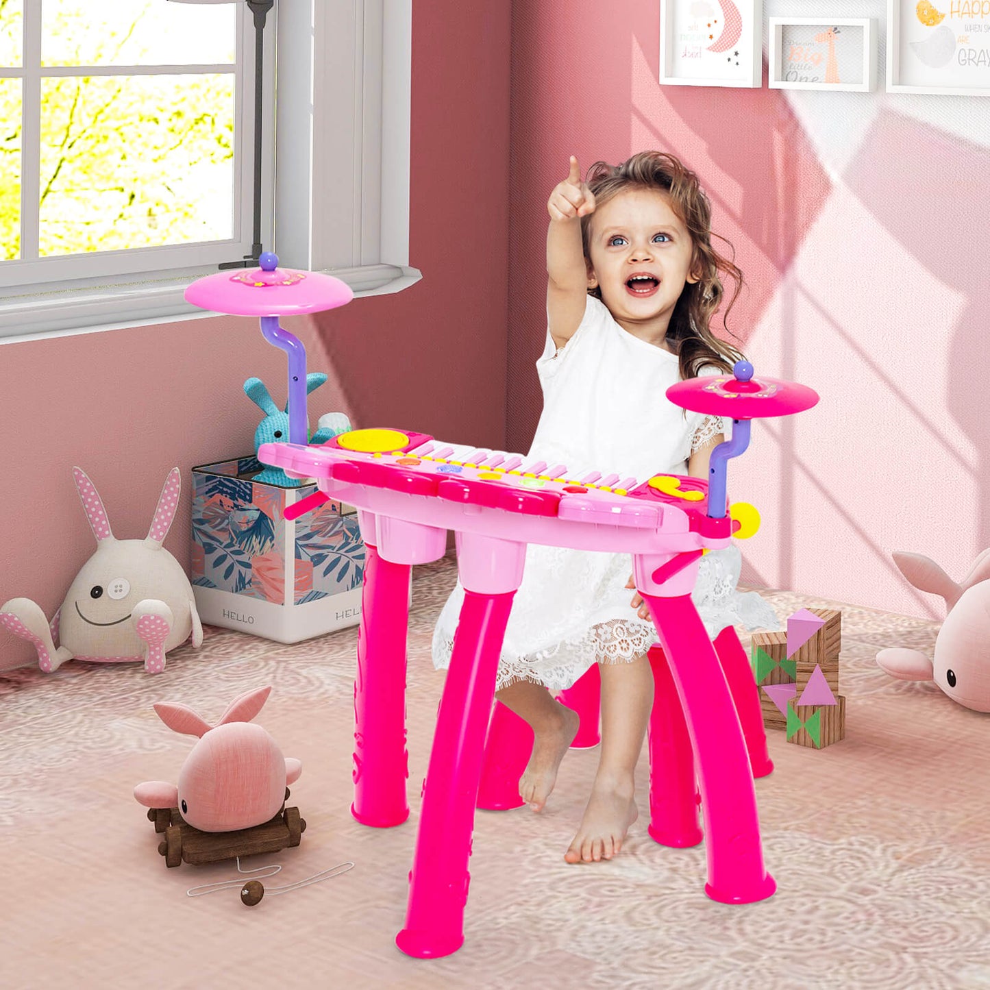 24 Keys Piano Keyboard Drum Set with Stool and Microphone for Kids-Blue