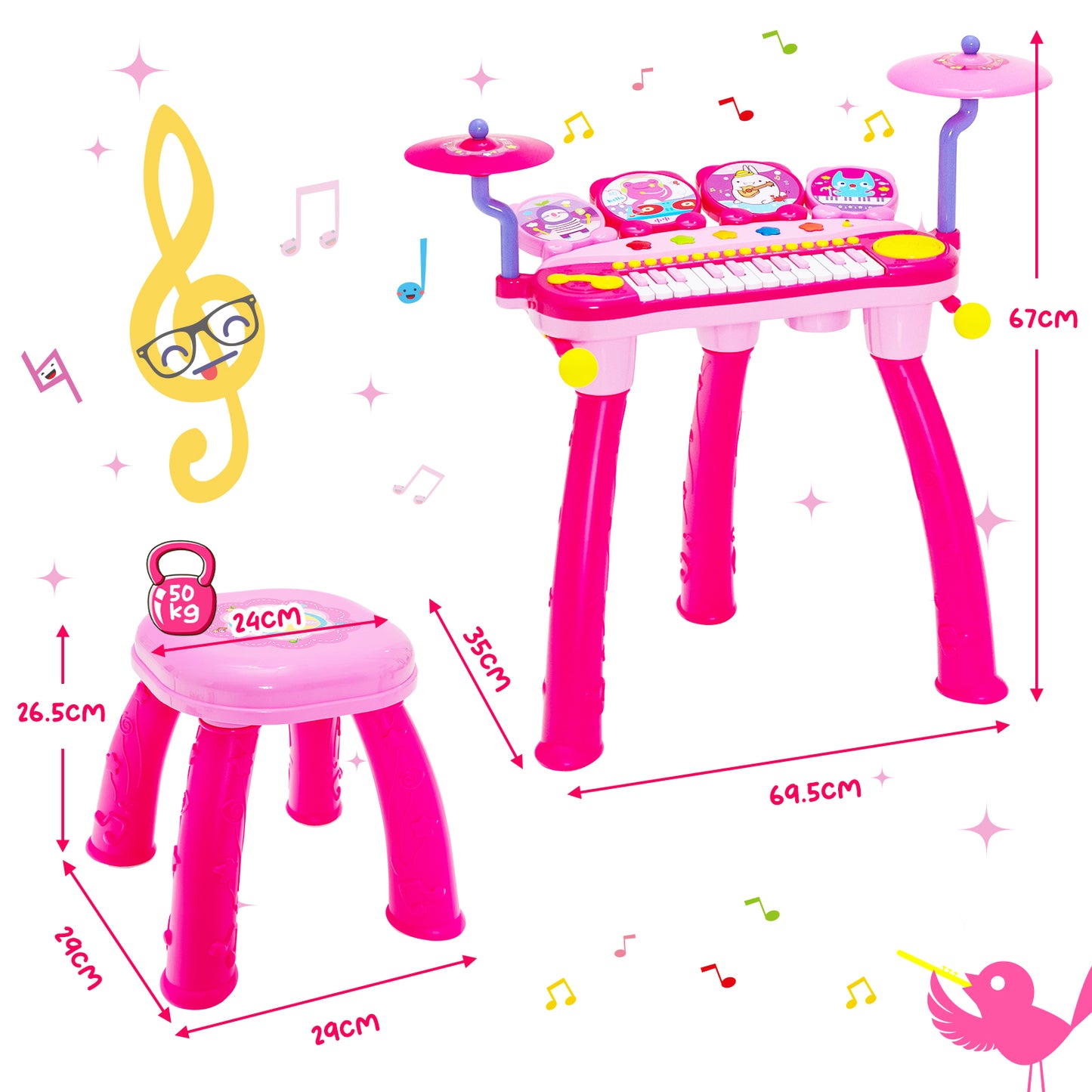 24 Keys Piano Keyboard Drum Set with Stool and Microphone for Kids-Blue