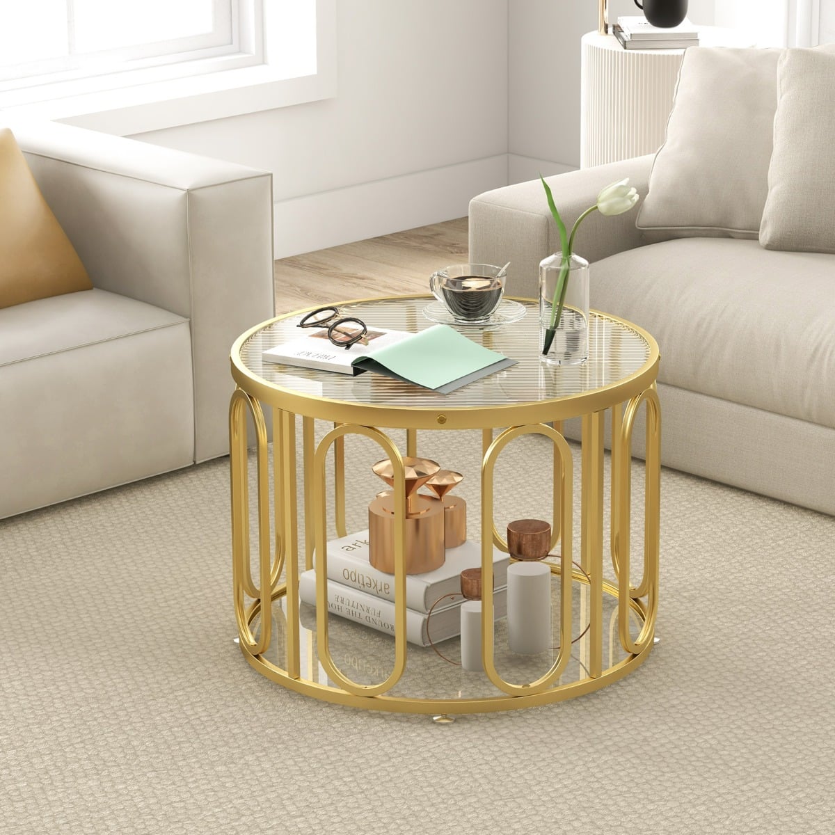 24 Inch Round Coffee Table with Reeded Tempered Glass Top-Golden