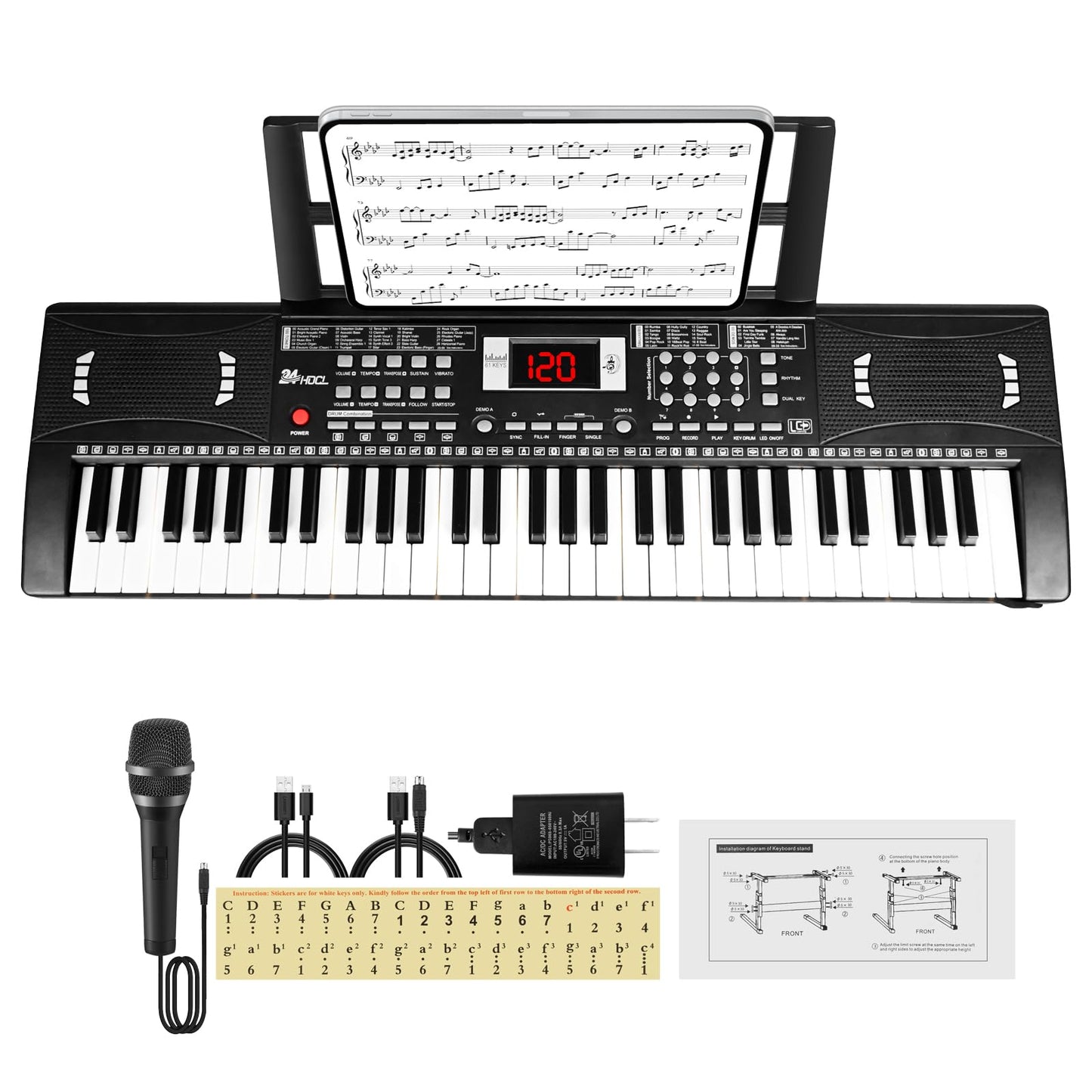 24HOCL 61-Key Electric Keyboard for Kids — LED Key Lights, Speaker & Stand