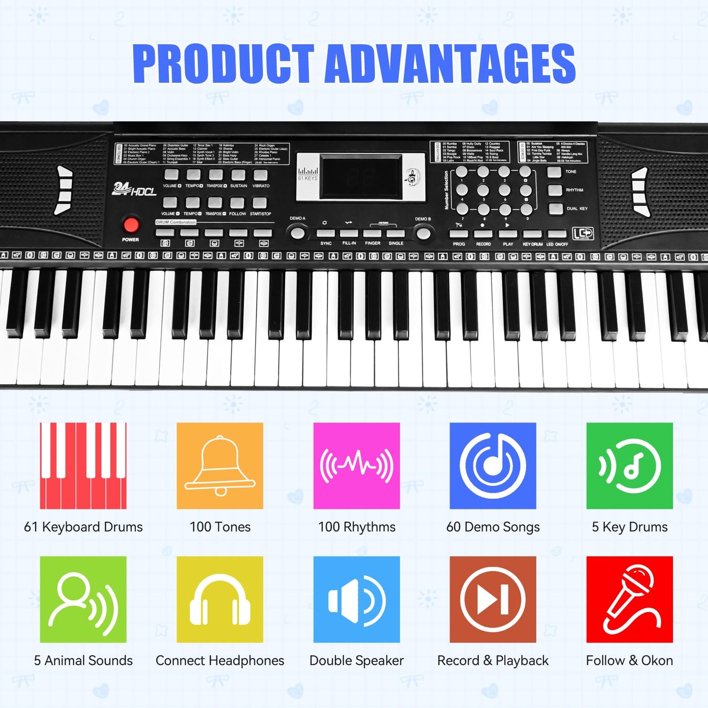 24HOCL 61-Key Electric Keyboard for Kids — LED Key Lights, Speaker & Stand