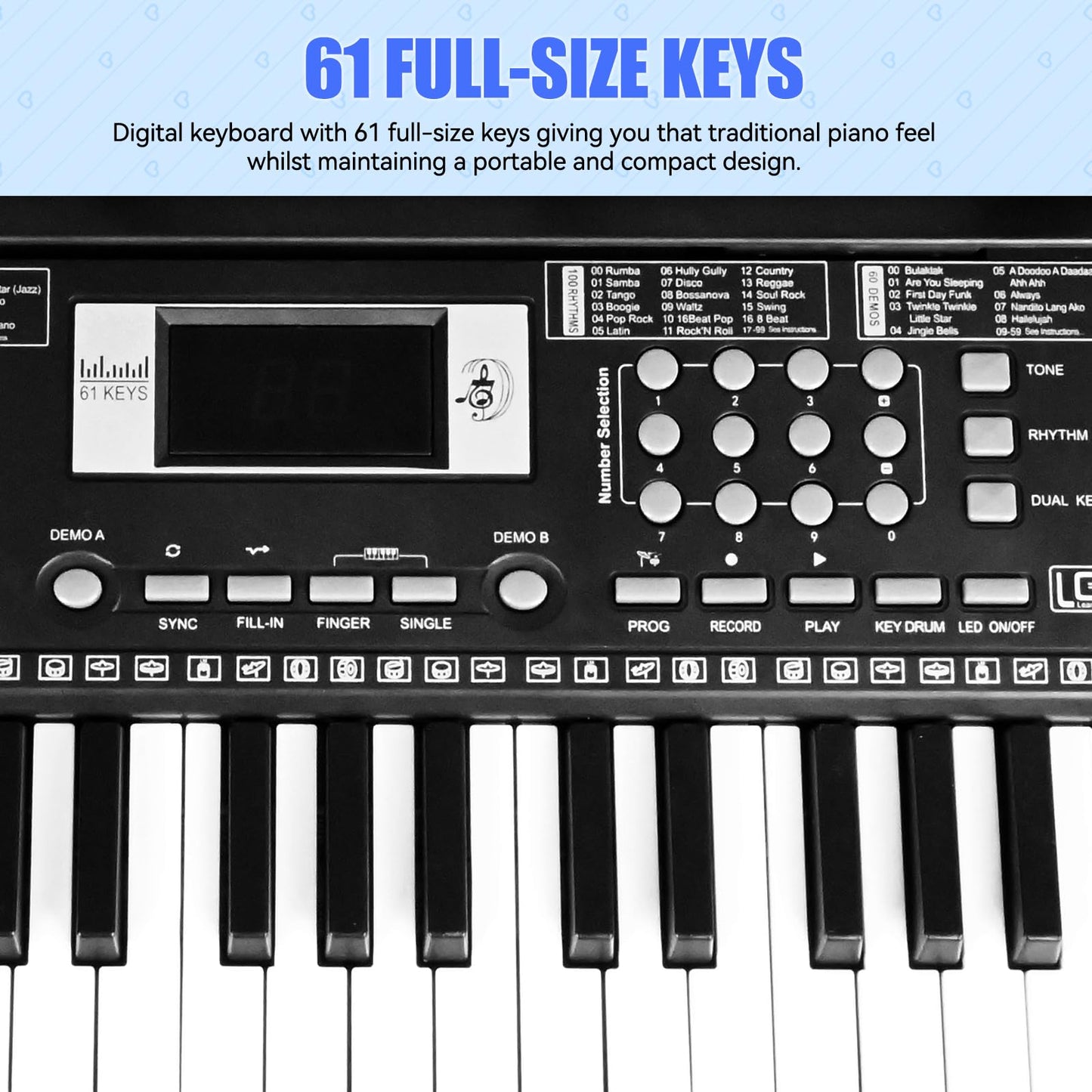 24HOCL 61-Key Electric Keyboard for Kids — LED Key Lights, Speaker & Stand