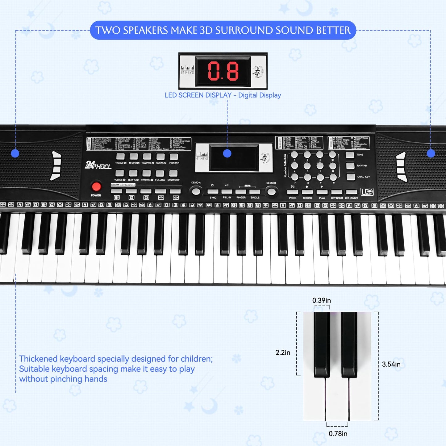 24HOCL 61-Key Electric Keyboard for Kids — LED Key Lights, Speaker & Stand