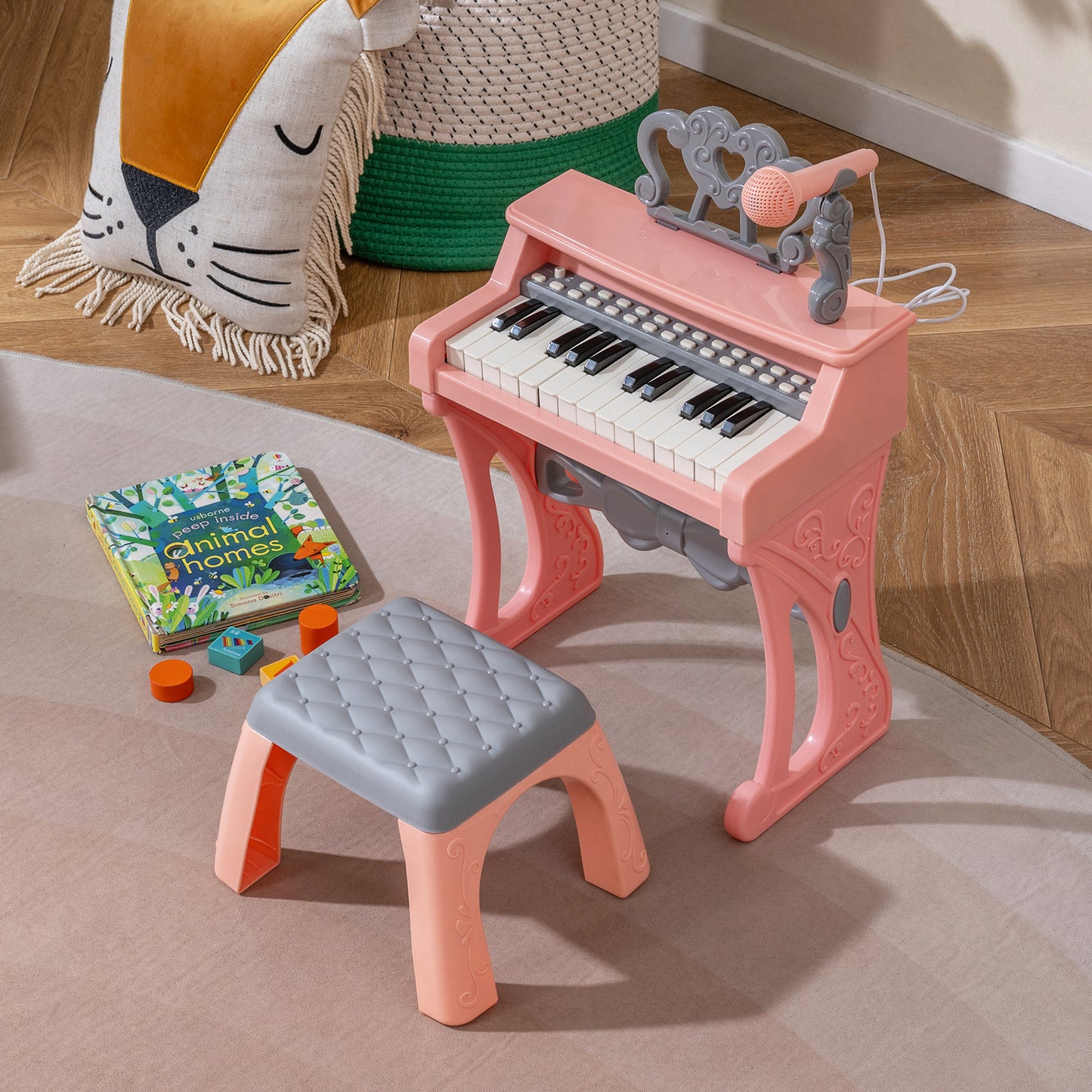 25 Keys Mini Keyboard Piano with Stool and Music Stand for 3+ Kids-Pink