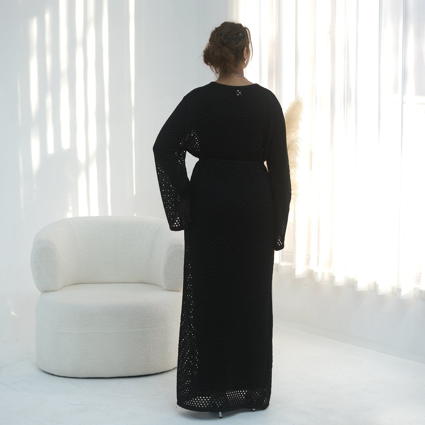 Elegant Hollow-Out Knit Dress - Modest A-Line Long Sleeve