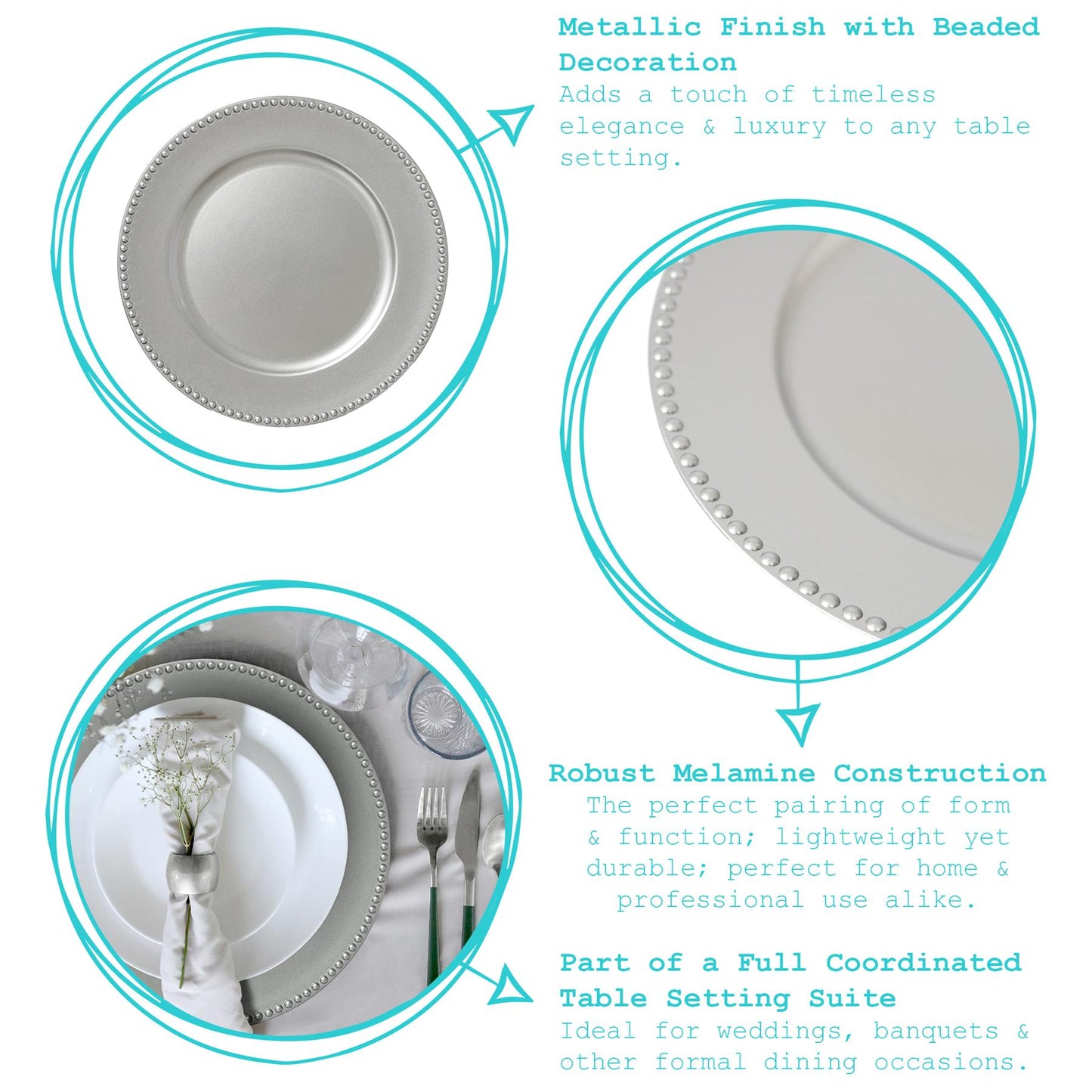 12pc Round Beaded Charger Plates Set - 33cm