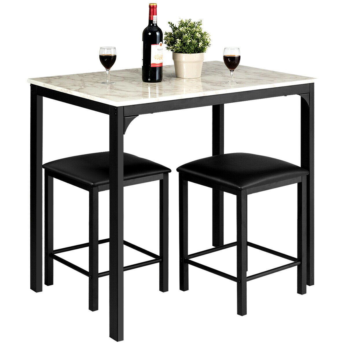 3 Piece Dining Table Set with 2 Faux Leather Backless Stools-Black