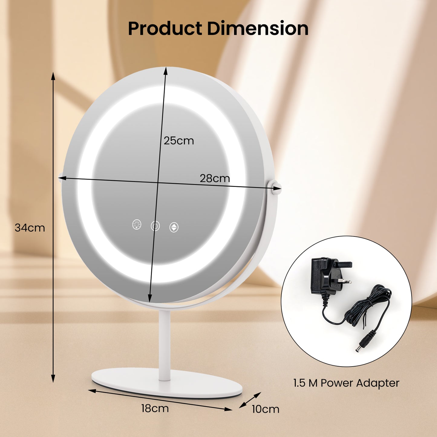25 CM LED Lighted Makeup Vanity Mirror with Touch Screen-White