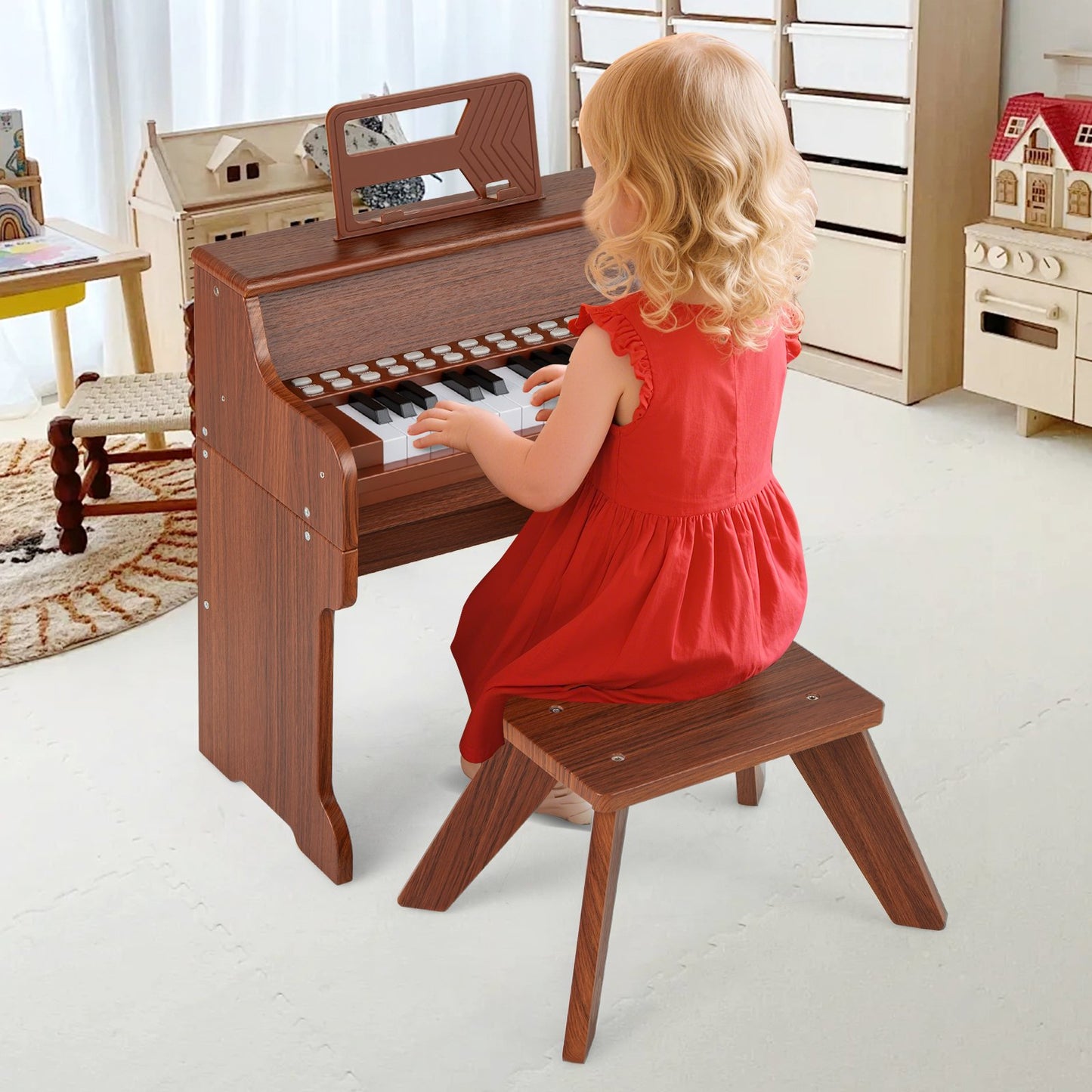 25 Lighted Keys Kids Piano Keyboard with Stool and Adjustable Speed-Black