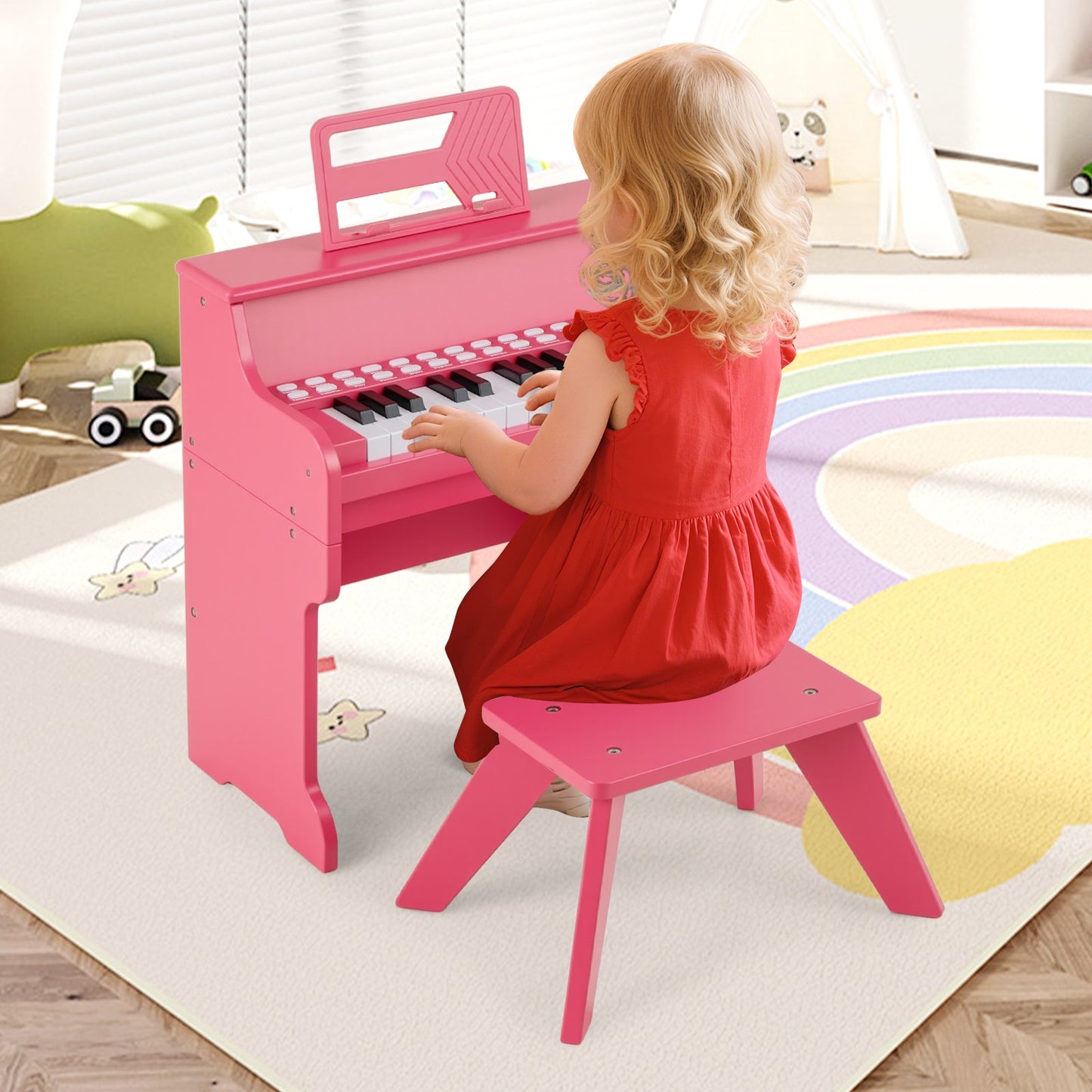25 Lighted Keys Kids Piano Keyboard with Stool and Adjustable Speed-Black