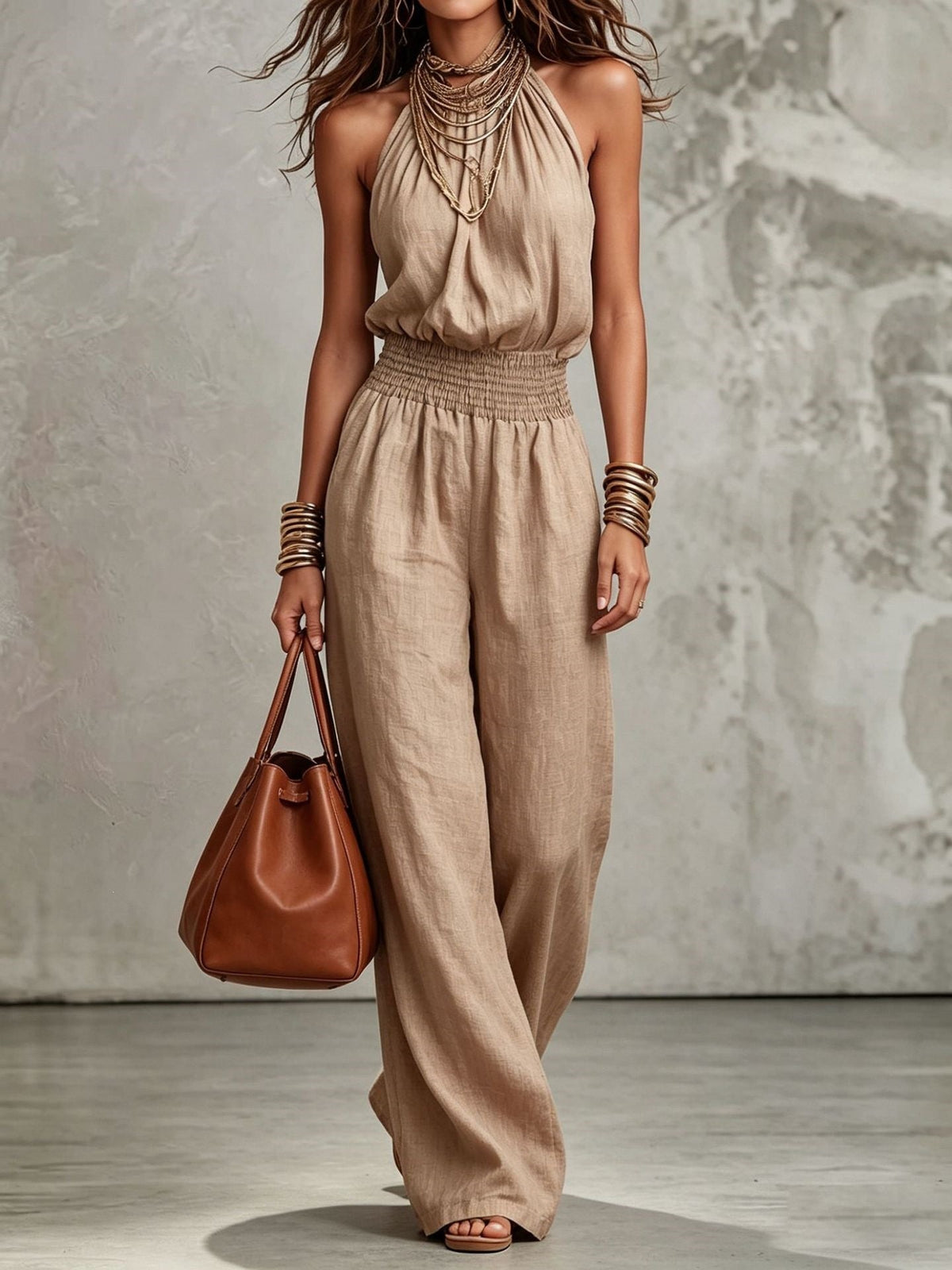 Womens Sleeveless Jumpsuit Backless Lace-up Halter Overall Pants Wide-leg Straight Onesie Trousers