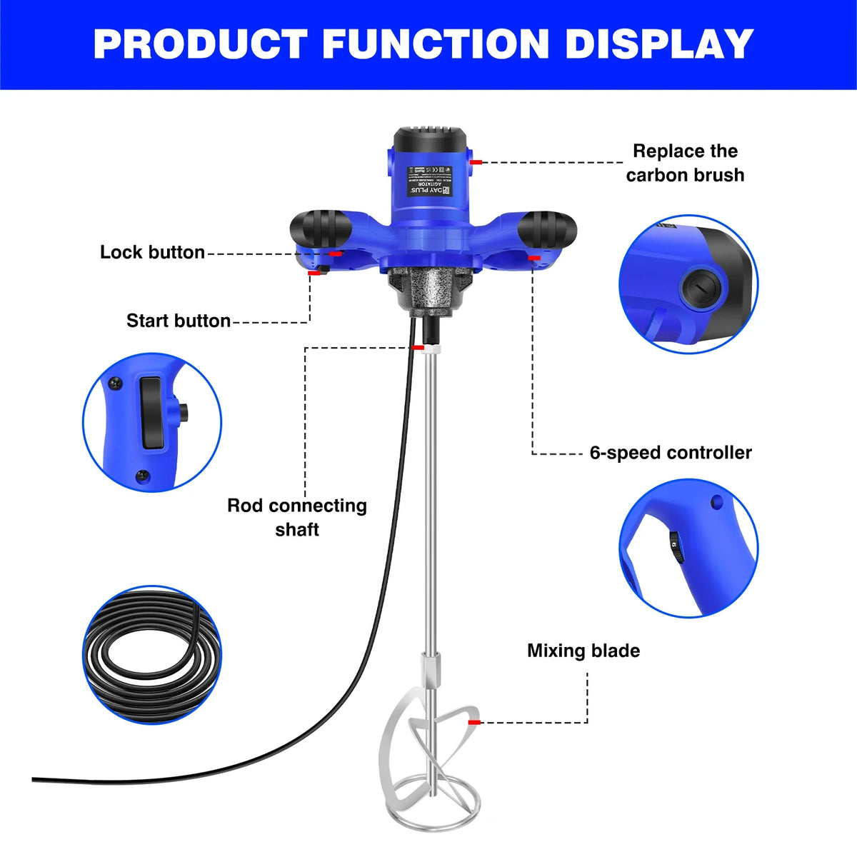 2600W Portable Electric Cement Paddle Mixer 6 Speed Handheld Grout Paint Mortar