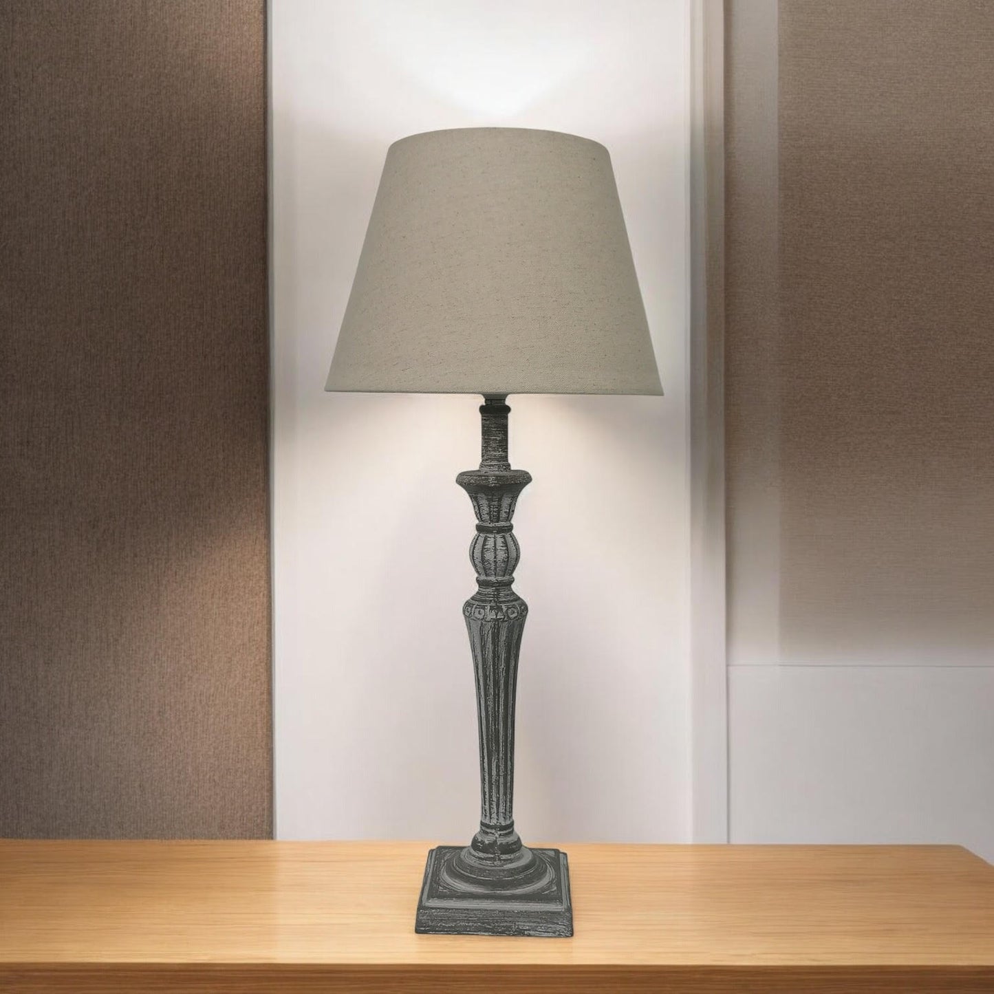 AcaciaHome Modern Tall Wooden Washed Table Lamp - Traditional Shabby Chic Design with Taupe Linen Shade, Wood Effect Finish for Living Rooms, Bedrooms, or Hallways Decor (32cm Grey with Cream Shade)